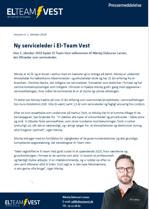 Bibliografi maler Rig mand El-Team Vest får ny service leder - El-team Vest